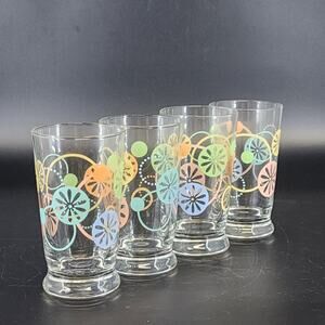 Libbey Floral Swirl Juice Glasses 4 Flower Power Pastel 5” 1970s Vtg Drinkware
